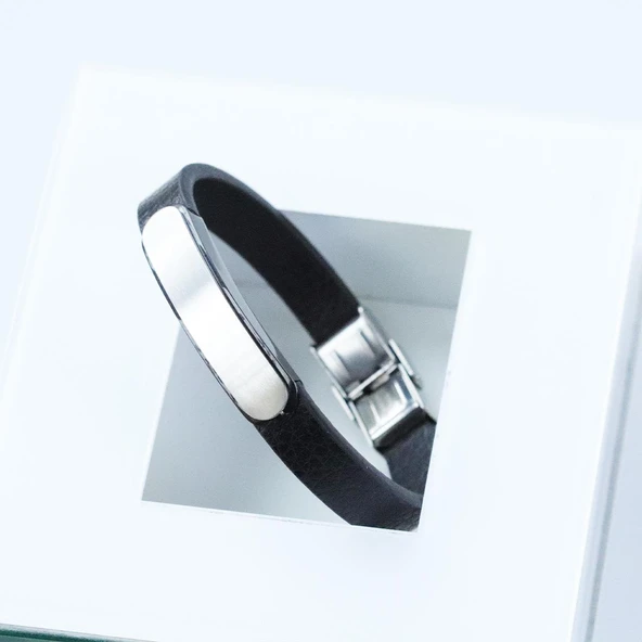 Plaka Deri Çelik Bileklik - Resim 3