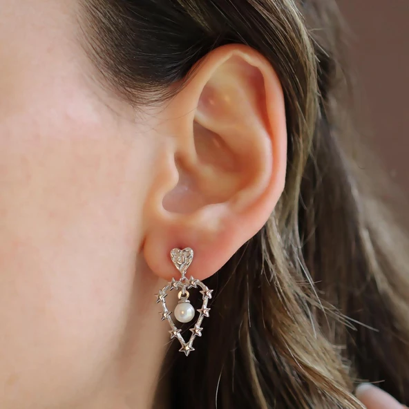 Kalp Karo İncili Gümüş Küpe - Resim 4