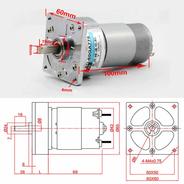 Alkatronik XD-60GA775 DC Motor 24V 30Rpm 35W 40Kg.cm Yüksek Tork Kuvvet Metal Dişli Redüktörlü Robot Cnc Makine - Resim 4