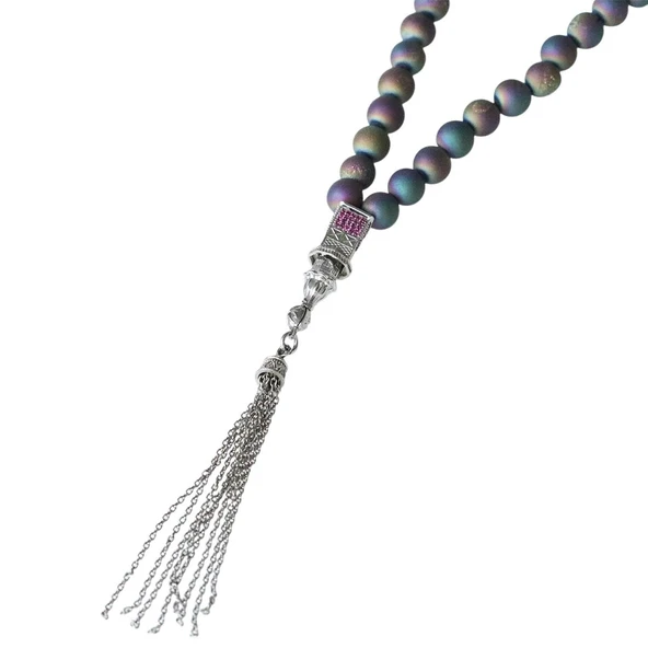 Kız Kulesi Gümüş Püsküllü Volkanik Kalsedon Taşlı Tesbih - Resim 2