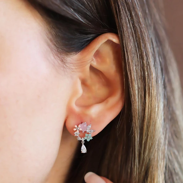 Çiçekli Renkli Damla Gümüş Küpe ürün görseli 1