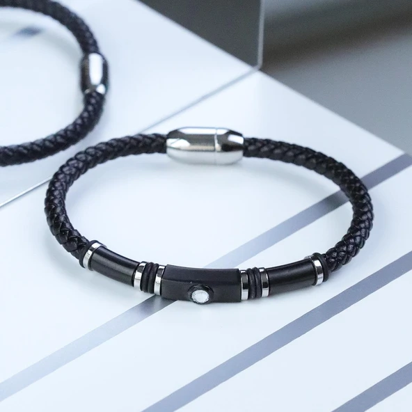 Taşlı Örgü Deri Çelik Bileklik - Resim 2