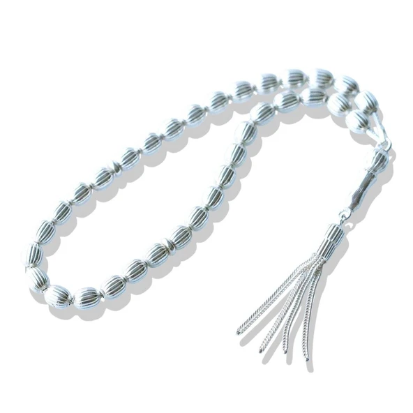 4 Püsküllü Çizgili Arpa Kesim 925 Ayar Gümüş Tesbih - Resim 2