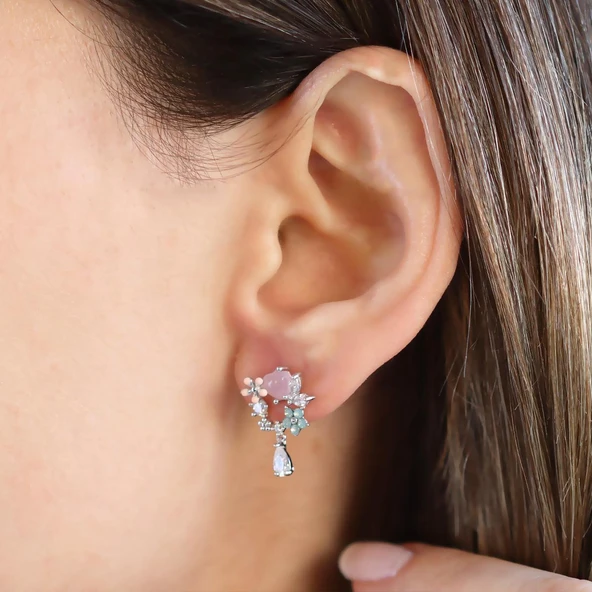 Çiçekli Renkli Damla Gümüş Küpe - Resim 3