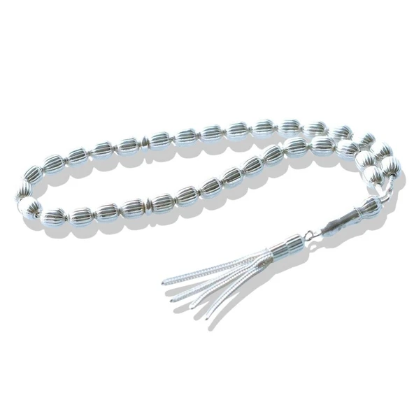 4 Püsküllü Çizgili Arpa Kesim 925 Ayar Gümüş Tesbih - Resim 3