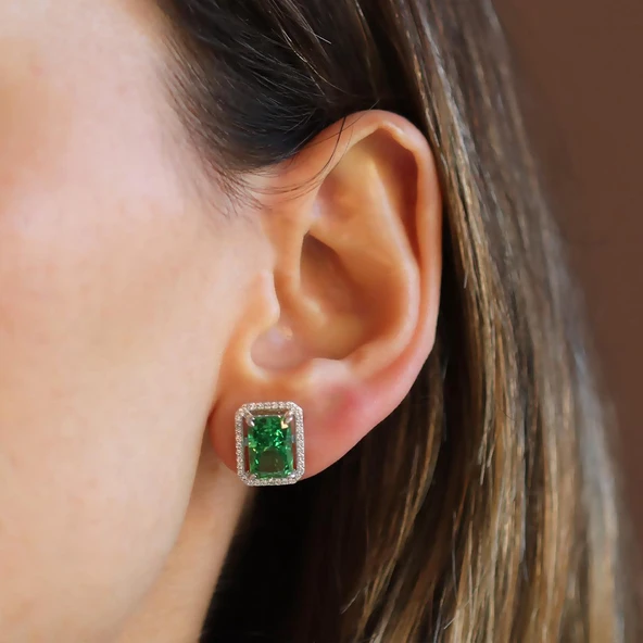 Baget Yeşil Icecut Taşlı Gümüş Küpe - Resim 2