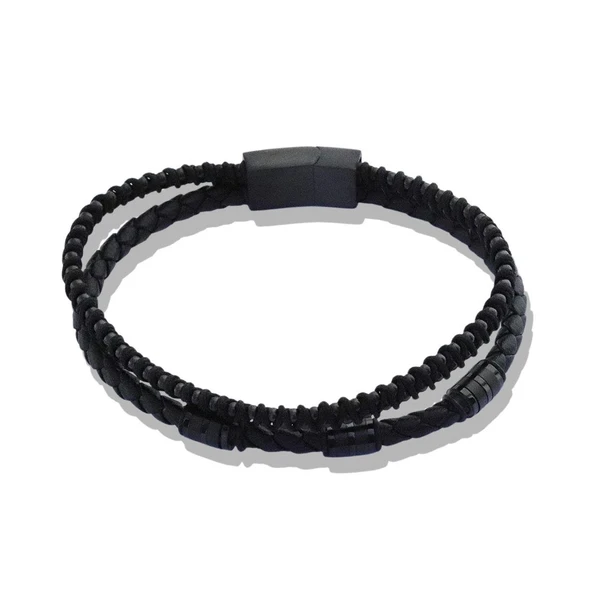 Siyah Deri Örme Çelik Bileklik ürün görseli 1