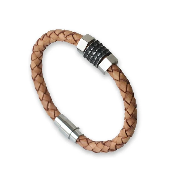 Kahverengi Erkek Deri Çelik Bileklik - Resim 2