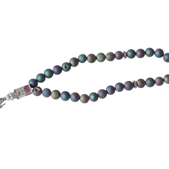 Kız Kulesi Gümüş Püsküllü Volkanik Kalsedon Taşlı Tesbih - Resim 3