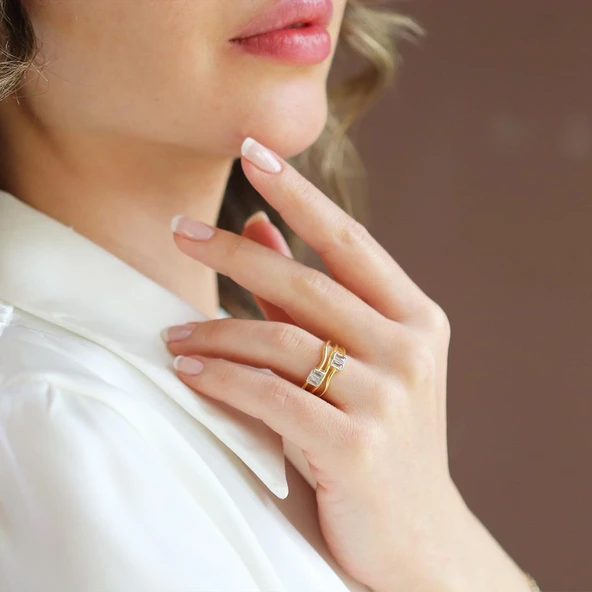 Taşlı Trend Ayarlanabilir Gold Gümüş Yüzük - Resim 4