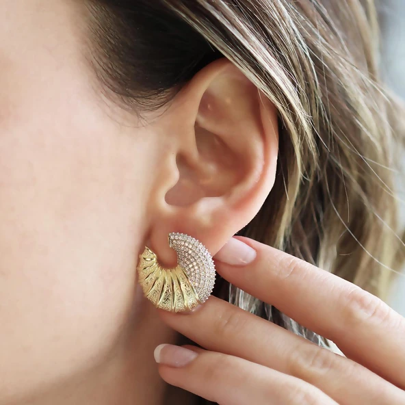 Kruvasan Zirkon Taşlı Gold Gümüş Küpe - Resim 2