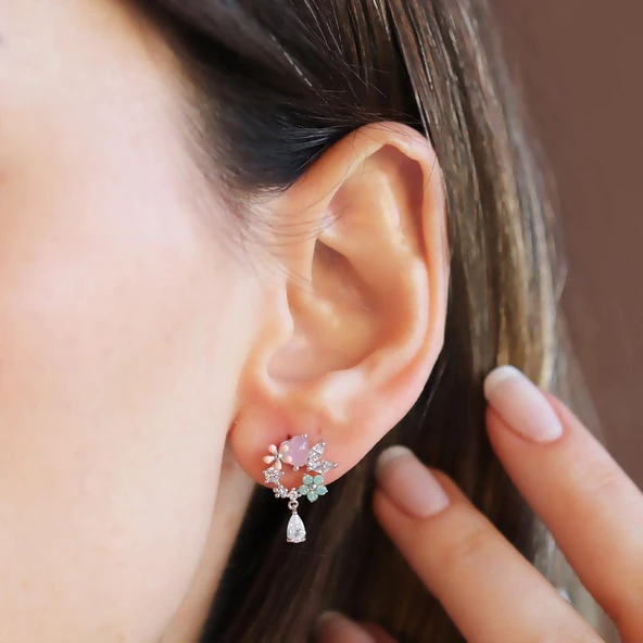 Çiçekli Renkli Damla Gümüş Küpe - Resim 2