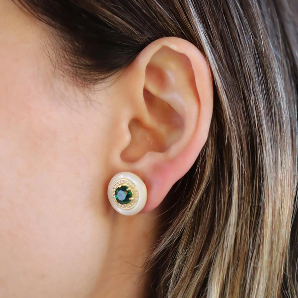 Yuvarlak Gold Yeşil Taşlı Gold Gümüş Küpe - Resim 3