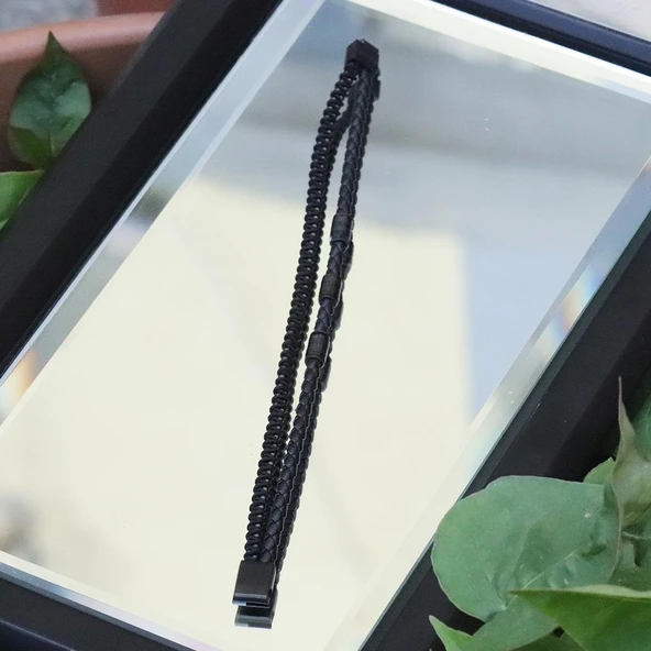 Siyah Deri Örme Çelik Bileklik - Resim 3