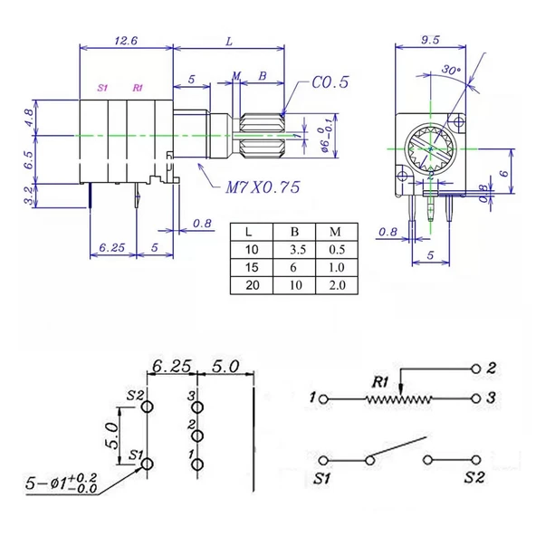 Alkatronik 5 Pin 10kohm Potansiyometre B10K Anahtarlı Pot Tırtıklı 15mm Döner Ayarlanabilir Direnç Ses Parlakl - Resim 5