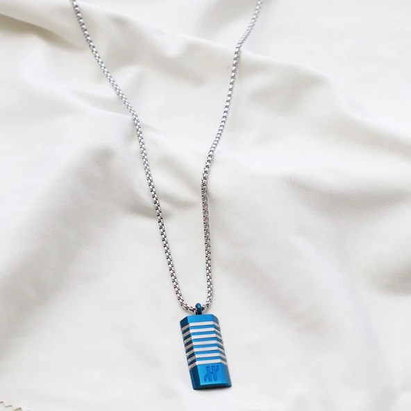 Dikdörtgen Lacivert Çizgili Erkek Çelik Kolye - Resim 4