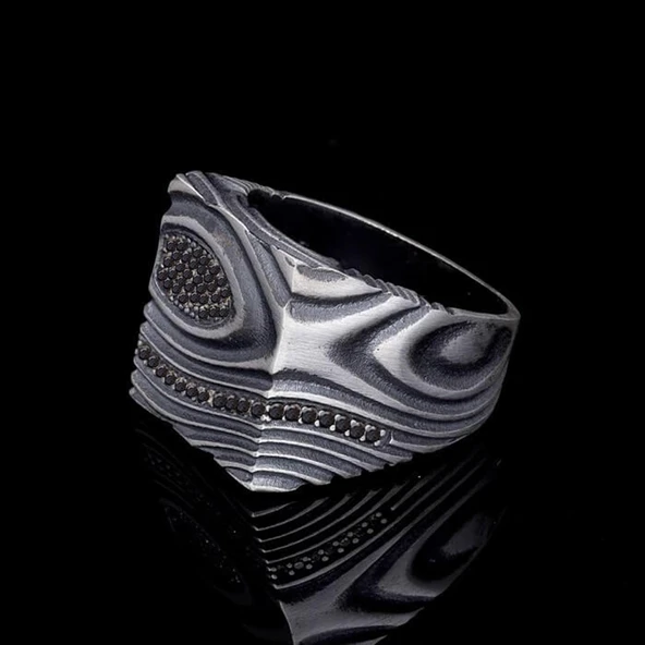 Desenli Taşlı Oksitli Gümüş Erkek Yüzük - Resim 2