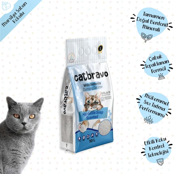 CATBRAVO Aktif Topaklanan Marsilya Sabunuı Kokulu Kedi Kumu 10 Lt X 2 Adet - 2