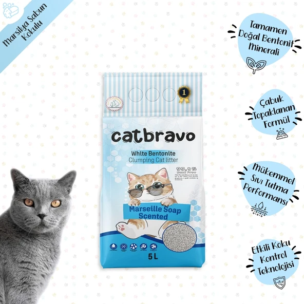 CATBRAVO Aktif Topaklanan Marsilya Sabunuı Kokulu Kedi Kumu 5 Lt - 2