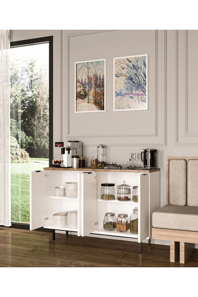 Dewoody Kahve Köşesi Metal Ayaklı Metal Kulplu Çok Amaçlı Dolap 4 Kapaklı Mutfak Dolabı - 3