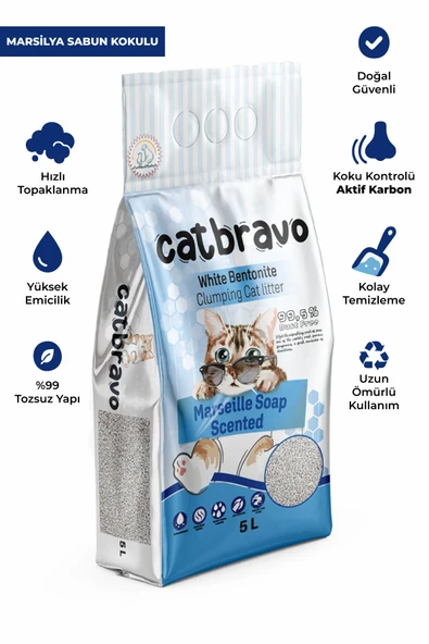 CATBRAVO Aktif Topaklanan Marsilya Sabunuı Kokulu Kedi Kumu 5 Lt - Resim 2