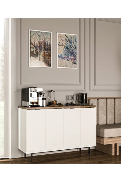 Dewoody Kahve Köşesi Metal Ayaklı Metal Kulplu Çok Amaçlı Dolap 4 Kapaklı Mutfak Dolabı - 4