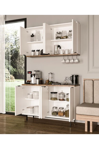 Dewoody Kahve Köşesi Metal Ayaklı Metal Kulplu Çok Amaçlı Dolap 8 Kapaklı Mutfak Dolabı - 4