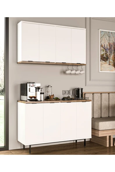 Dewoody Kahve Köşesi Metal Ayaklı Metal Kulplu Çok Amaçlı Dolap 8 Kapaklı Mutfak Dolabı - 3