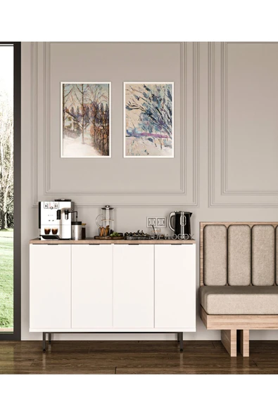 Dewoody Kahve Köşesi Metal Ayaklı Metal Kulplu Çok Amaçlı Dolap 4 Kapaklı Mutfak Dolabı - 2