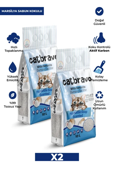 CATBRAVO Aktif Topaklanan Marsilya Sabunuı Kokulu Kedi Kumu 10 Lt X 2 Adet - 2