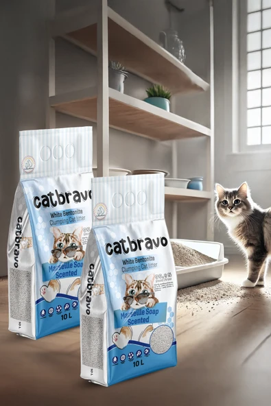 CATBRAVO Aktif Topaklanan Marsilya Sabunuı Kokulu Kedi Kumu 10 Lt X 2 Adet - 3
