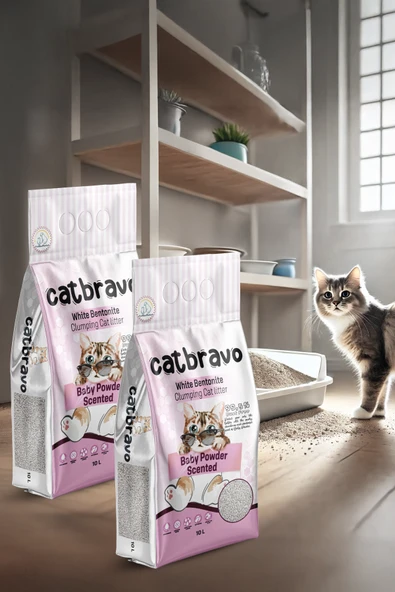 CATBRAVO Aktif Topaklanan Bebek Pudrası Kokulu Kedi Kumu 10 Lt X 2 Adet - Resim 3