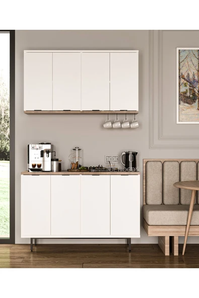 Dewoody Kahve Köşesi Metal Ayaklı Metal Kulplu Çok Amaçlı Dolap 8 Kapaklı Mutfak Dolabı - 2