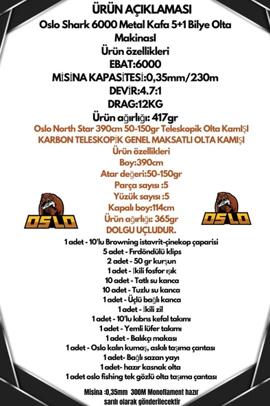 Oslo North Star 390cm 50-150gr Oslo Shark 6000 Göl Ve Deniz Olta Seti - Resim 2
