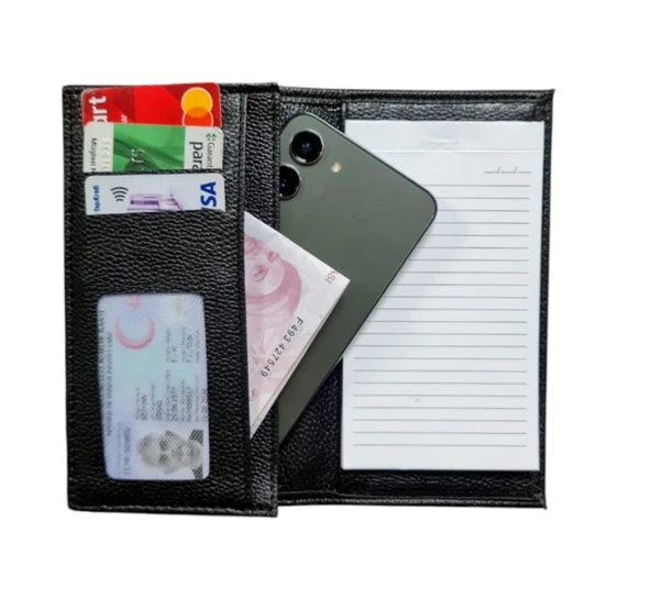 Kalemlikli Not Defteri Cüzdan , Cep Telefonu Bölmeli - Suni Deri -9,5 cm x 17 cm - 2