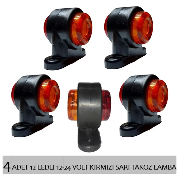 4 Adet 12 Ledli Mini Takoz Lamba 12-24 Volt Sarı Kırmızı