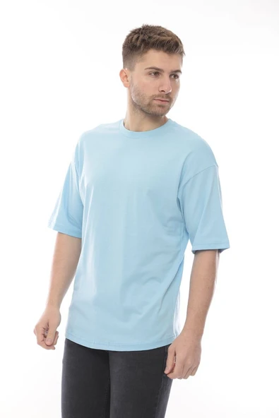 Erkek Oversize Fit %100 Organik Pamuk Kalın Dokulu Bisiklet Yakalı BEBE MAVİ T-SHİRT - Resim 2