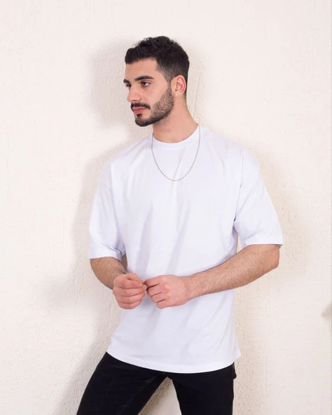 Erkek Oversize Fit %100 Organik Pamuk Kalın Dokulu Bisiklet Yakalı BEYAZ T-SHİRT - Resim 2