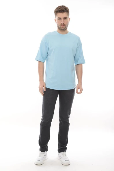 Erkek Oversize Fit %100 Organik Pamuk Kalın Dokulu Bisiklet Yakalı BEBE MAVİ T-SHİRT - Resim 3