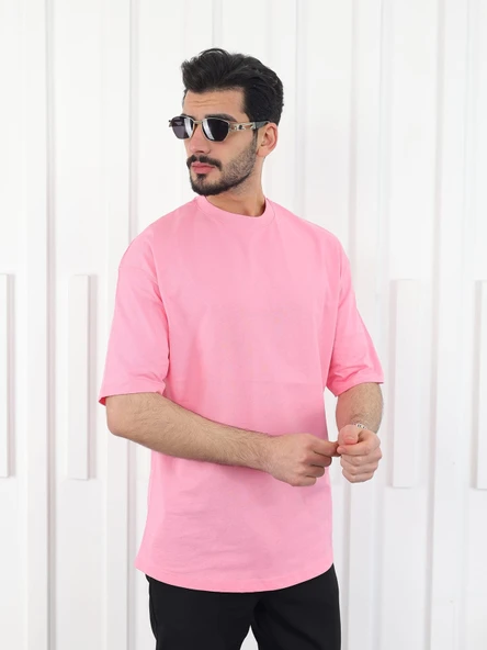 Erkek Oversize Fit %100 Organik Pamuk Kalın Dokulu Bisiklet Yakalı PEMBE T-SHİRT - Resim 2