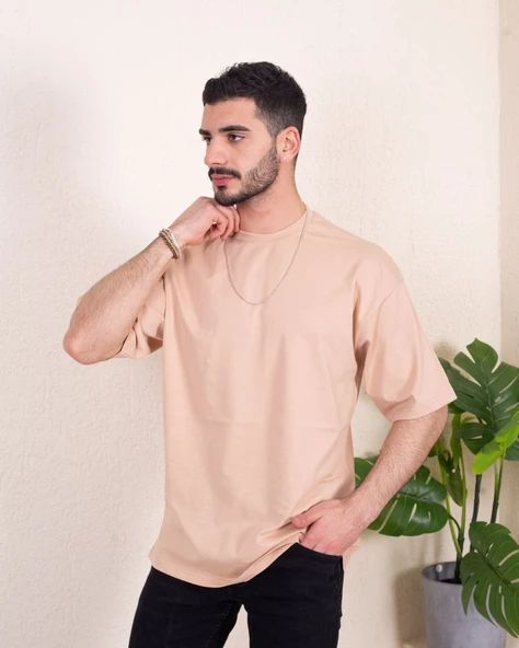 Erkek Oversize Fit %100 Organik Pamuk Kalın Dokulu Bisiklet Yakalı BEJ T-shirt - Resim 3