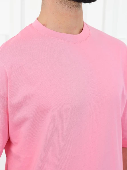 Erkek Oversize Fit %100 Organik Pamuk Kalın Dokulu Bisiklet Yakalı PEMBE T-SHİRT - Resim 3