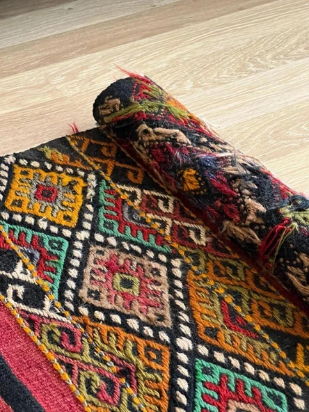 74x163 cm Pıtrak Desenli Renkli Türk Kilimi, Küçük Boy El Dokuma Yün Kilim, Harika Motifli Bohem Tarzı Kilim - 5