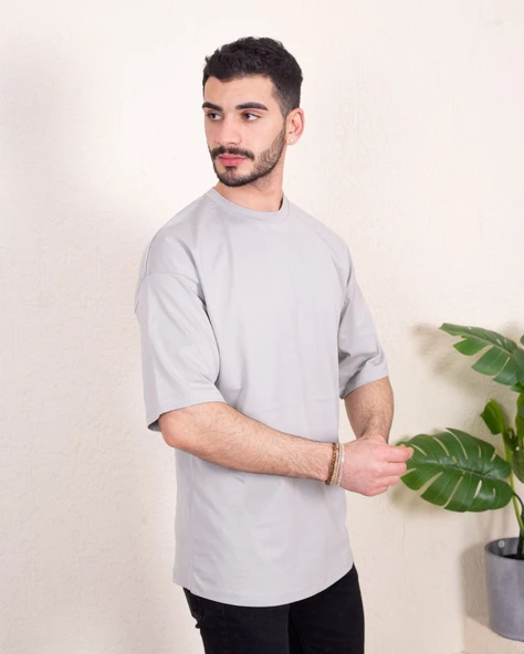 Erkek Oversize Fit %100 Organik Pamuk Kalın Dokulu Bisiklet Yakalı GRİ T-SHİRT - Resim 3