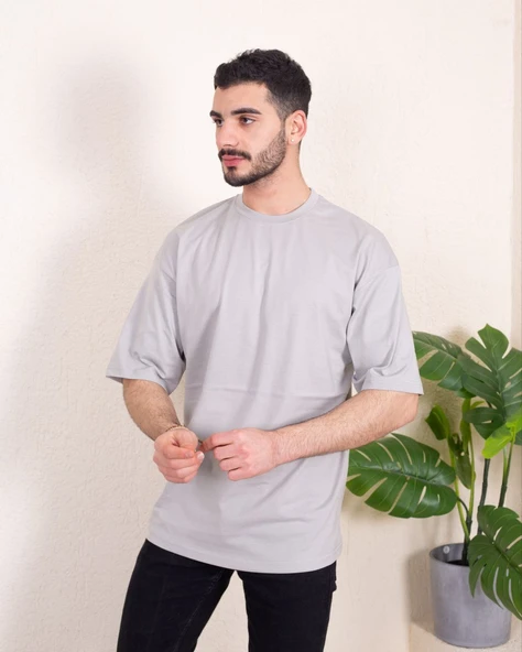 Erkek Oversize Fit %100 Organik Pamuk Kalın Dokulu Bisiklet Yakalı GRİ T-SHİRT - Resim 2