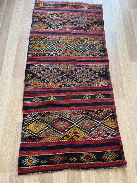 74x163 cm Pıtrak Desenli Renkli Türk Kilimi, Küçük Boy El Dokuma Yün Kilim, Harika Motifli Bohem Tarzı Kilim