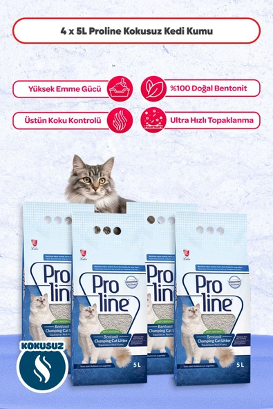 Proline Bentonıt Kedi Kumu 5 Lt - 4 Adet