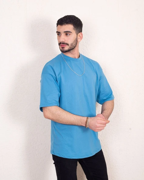 Erkek Oversize Fit %100 Organik Pamuk Kalın Dokulu Bisiklet Yakalı MAVİ T-SHİRT - Resim 3