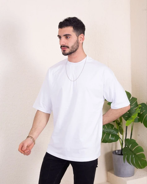 Erkek Oversize Fit %100 Organik Pamuk Kalın Dokulu Bisiklet Yakalı BEYAZ T-SHİRT - Resim 3