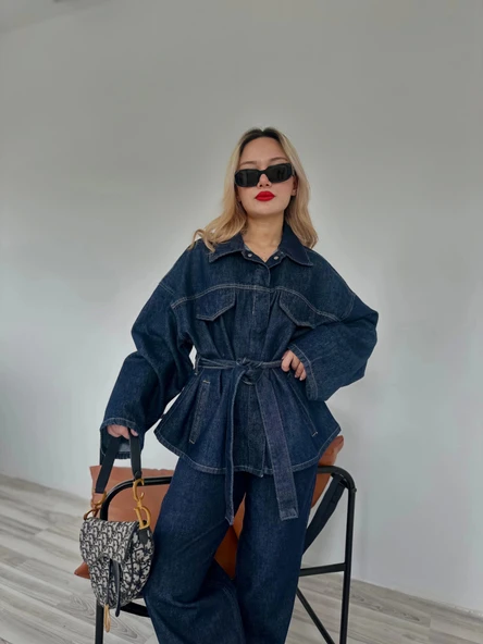 Kadın Denim Ceket Pantolon Takım Mavi - Resim 4